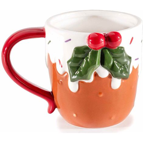 Tasses de Noël en céramique effet glaçage pain d'épice et houx en relief, lot de 6, diam. 9,5 cm x H. 10 cm