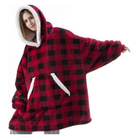 Mub TV Polaire Pyjama épaissi Couverture TV chaude Peignoir à capuche Sweat à capuche d’extérieur Carreaux rouges Short 80x90Red checkered