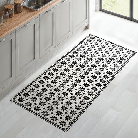 Alfombra de vinilo efecto mosaico blanco y negro 66 x 160 cm