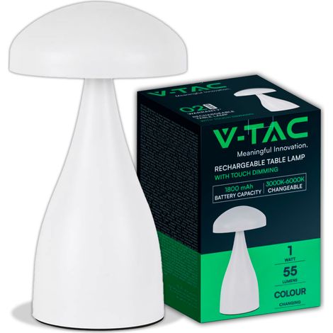 Lámpara de mesa LED recargable V-TAC de 1 W y 800 mAh, metal blanco, táctil, CCT, 3 en 1