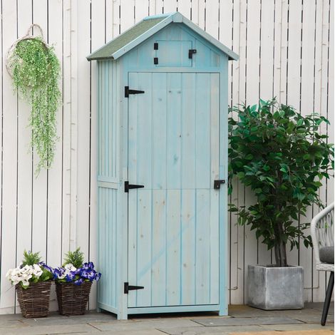 Armario de jardín 77x54.2x179 cm azul claro en madera con estantes extraíbles y techo impermeable (1/5)