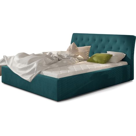 Lit velours capitonné Venizia-Bleu canard-160x200-Version sommier et coffre (1/5)