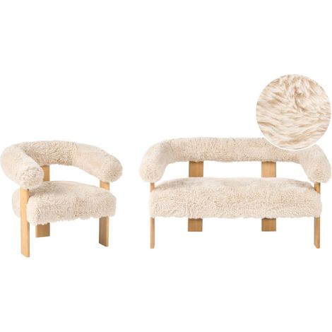 Sofa Set ILBRO Webpelz Cremeweiß / Hellbraun