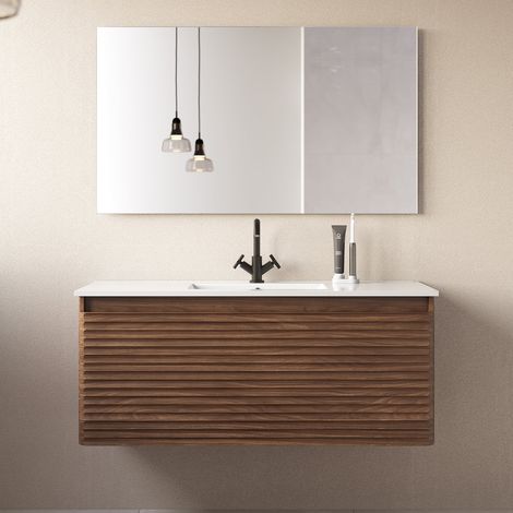 Meuble de salle de bain 120cm simple vasque - 2 tiroirs - noyer (bois foncé) - SUZA (1/5)