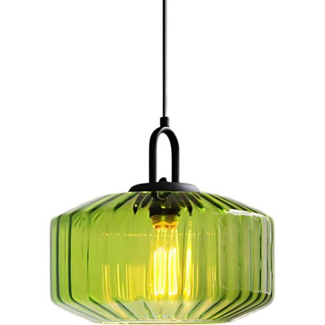 Lampada a sospensione a cupola in vetro scanalato Ø28CM, stile industriale vintage, altezza regolabile, attacco E27, ideale per sala da pranzo, camera da letto, soggiorno e bar (verde) [Classe energet