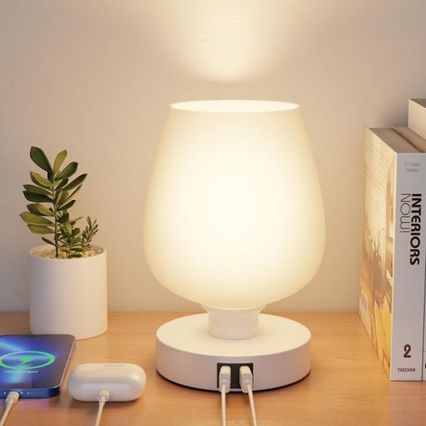 Lampe de chevet en verre tactile LED avec variateur, 2 ports USB de charge, 3 températures de couleur, idéale pour chambre, salon et bureau, éclairage de table moderne et élégant. (1/5)