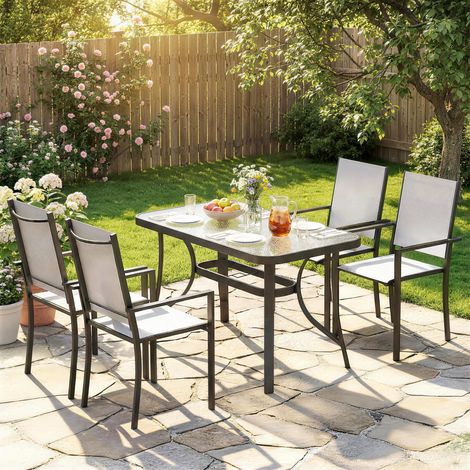 Set da Giardino 5pz con 4 Sedie Impilabili e Tavolo in Vetro Temperato con Foro per Ombrellone, Grigio Chiaro (1/5)