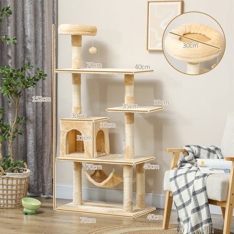 Arbre à chat géant 70 x 40 x 152 cm avec plusieurs plateformes. hamac et poteaux. beige (1/5)