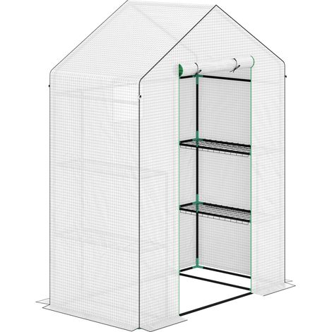 Invernadero con puerta enrollable, ventanas y estantes, 143 x 74 x 190 cm, blanco (1/5)
