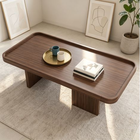 Tavolino rettangolare, 100x50x35,5 cm, con angoli arrotondati, struttura stabile, in MDF e truciolato di noce. (1/5)