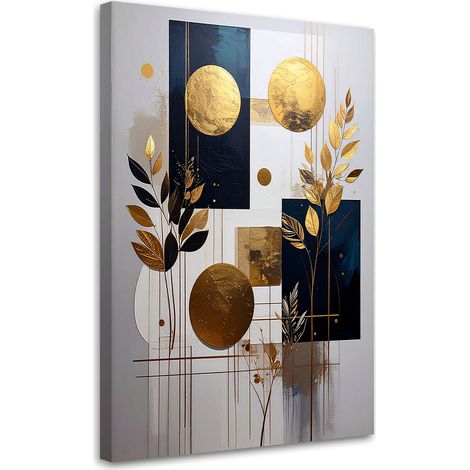 Impression sur Toile, Abstraction : cercles et feuilles beige et doré,60x90 (1/4)