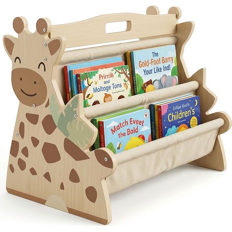 Relaxdays Children's Bookshelf, Wood, 4 fabric compartments, double-sided, HxWxD: 32.5 x 44.5 x 28 cm, Giraffe, natural (1/5)