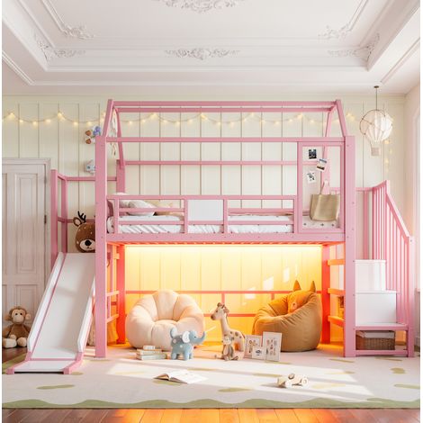 Lit mezzanine enfant 90x200 cm en métal et MDF rose, forme maison avec toboggan, escalier à rangements, penderie et éclairage LED Bluetooth, norme EN 747 – CHICFURN (1/5)