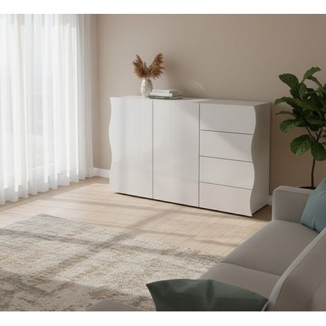 Credenza - 2 Ripiani 4 Cassetti, Bianco Lucido, -, 124x40x81h cm Ypacarai