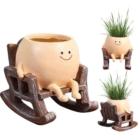 1 Pot de fleurs en résine, trou de drainage, design tête souriante, intérieur et extérieur (1/5)