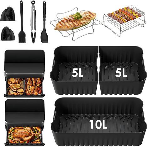 Moule Silicone Air Fryer Accessoires pour Dual Zone 10L Twinfry Airfryer- 1x10L + 2x5L Réutilisable Silicone Plat, Grille Racks, Paniers à Friture, Grille de Grille, Tong Inclus (1/5)