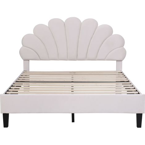 CAIziLit double rembourré 140 x 200 cm, cadre de lit avec tête de lit en forme de fleur et sommier à lattes, lit pour adultes et adolescents en velours doux pour la peau, lit d'appoint beige (1/5)