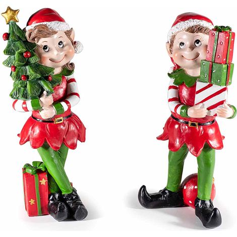 Decorazioni elfi natalizi in resina colorata con pacchi regalo da appoggiare, set da 2 pezzi, cm 9,5 x 8 x 24 H