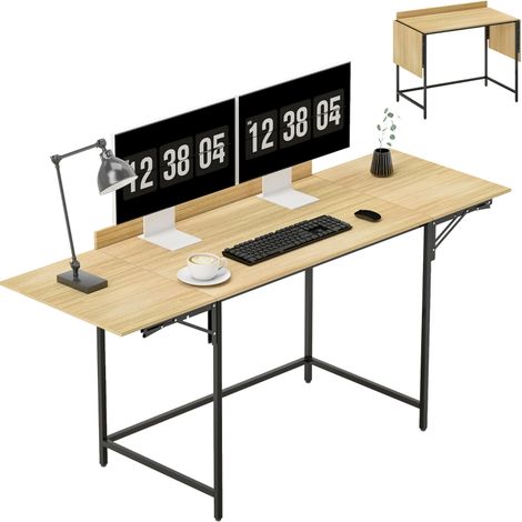 Bureau pliable avec 2 plateaux extensibles, grand espace pour moniteurs, pieds en métal, construction robuste, chêne noir (1/5)