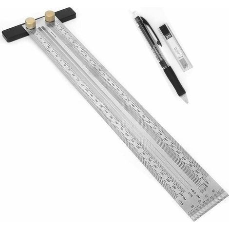 Regla en T de precisión de 300 mm con portaminas, marcado en acero inoxidable, regla de dibujo en acero inoxidable, transportador de ángulos para carpinteros. (1/5)