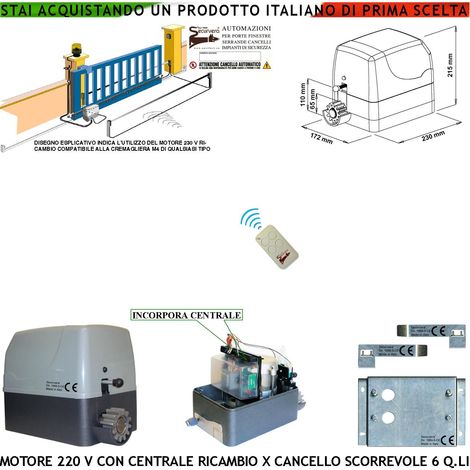 Motoriduttore 230 V Con Centrale Radiocomando Per Sostituzione Cancello Scorrevole 6 Q.li di Qualsiasi Marca Fine Corsa Accessori di Fissaggio Condensatore Pignone Z12 Per Cremagliera Nylon M4