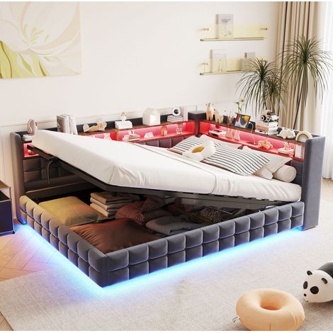 Lit banquette capitonné 140x200 cm avec rangement hydraulique, LED, prises USB-C, velours gris foncé (1/5)