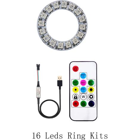 (Kits d'anneaux LED 16 LED - Circuit imprimé blanc) Anneau LED pixel WS2812B DC5V, anneau adressable individuellement, circuit intégré WS2812 avec module LED intégré et contrôleur USB à 14 touches de  (1/5)