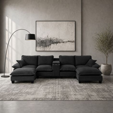 Divano modulare a U in ciniglia con porte USB, vano portaoggetti e 2 pouf nero (1/5)