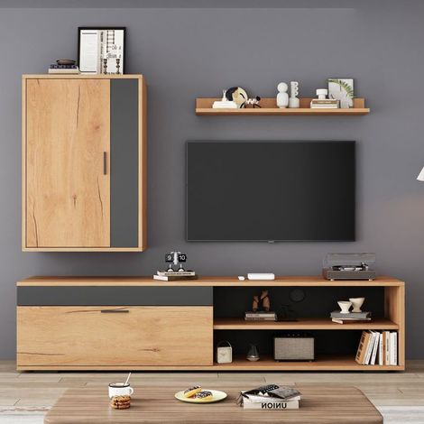 Meuble TV mural 140x40x40, design moderne bois et noir avec rangement complet Meuble TV contemporain (1/5)