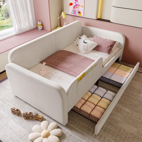 Lit enfant modulable, lit capitonné, méridienne, canapé-lit avec cadre en métal, 3 petits compartiments de rangement, 2 tiroirs sur roulettes, velours + MDF + contreplaqué, blanc, 90x200cm, garanti...