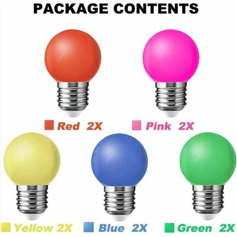 Pack de 10 Ampoules LED E27 Couleur 1W Ampoule Couleur 100LM Economie d'Energie Lampe Couleur Angle 360° Rouge Jaune Bleu Vert Rose [Classe énergétique A] (1/4)