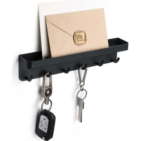 Wall-mounted key holder with 6 hooks, black metal key rack with tray, key holder for entryway, hallway, kitchen, farmhouse decor