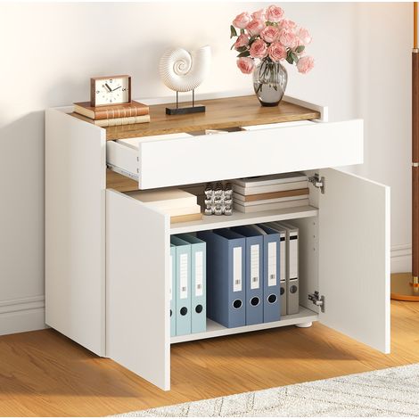 Meuble de rangement 80 x 40 x 70 cm en panneau de particules blanc, avec étagères réglables, tiroir et 2 compartiments, pour bureau, salon ou entrée – CHICFURN (1/5)
