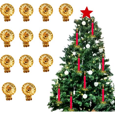 Attache-Cierge en Métal pour Sapin de Noël - Pack de 12 Pièces Silver, Modèle Florale avec Support Fixe 4x4 cm (1/5)