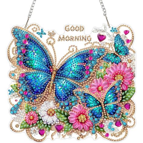 5D Diamond Painting Anhänger Set mit Kette, Fensterbild Blumen & Schmetterlinge, DIY Crystal Art Kit