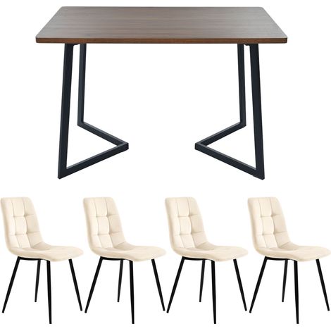 Set sala da pranzo 5 pezzi tavolo rettangolare in MDF noce e 4 sedie in velluto (1/5)