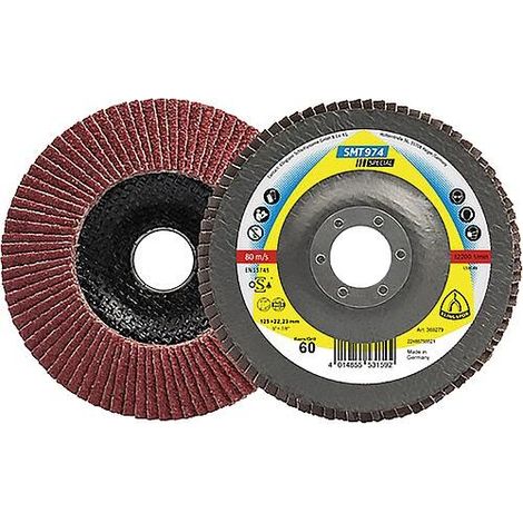 Disque de découpe à lamelles KLINGSPOR SMT 974 SPECIAL CEVOLUTION 125 x 22,23 mm, grain 60, Contre-coudé