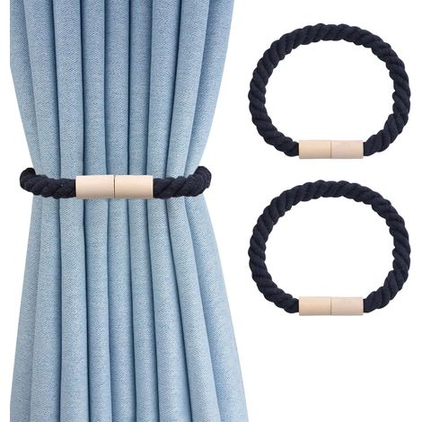 Set aus 2 handgewebten magnetischen Vorhanghaltern aus Baumwolle mit hölzernen Vorhangschlaufen für die Dekoration von Wohn- und Büroräumen (schwarz)