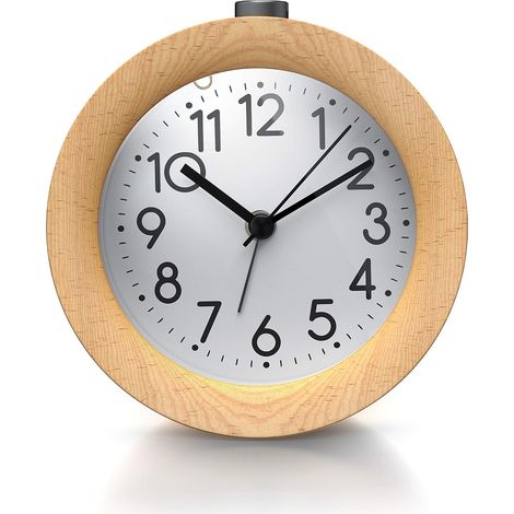 Despertador analógico, caja de madera maciza, mecanismo silencioso, función de repetición de alarma, luz nocturna integrada, para dormitorio. (1/5)