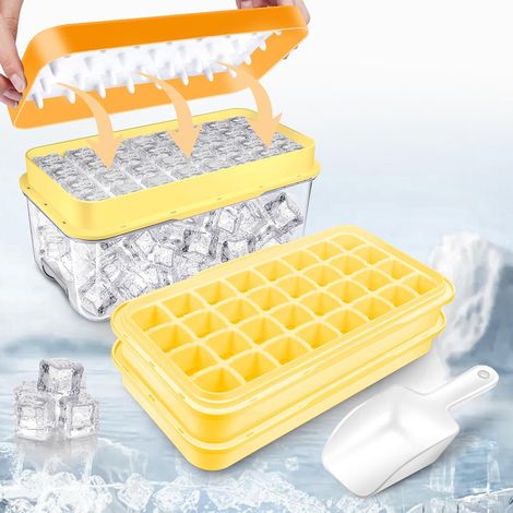 Stampo per cubetti di ghiaccio, comprimibile, con coperchio e contenitore, produce 64 cubetti di ghiaccio, facile da sformare. (1/5)