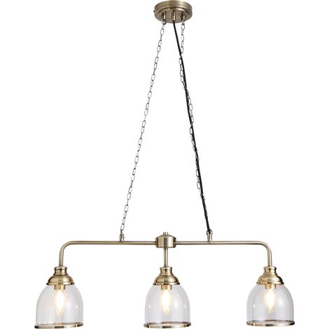 Litecraft Ingrid Ceiling Pendant Bar 3 Light With Glass Shades - Antique Brass