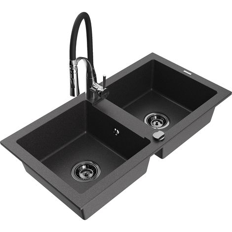 Mexen Mario 2-Becken-Granitspüle mit Mischbatterie Aster, Schwarz gesprenkelt - 6504-76-73450-07-B (1/5)