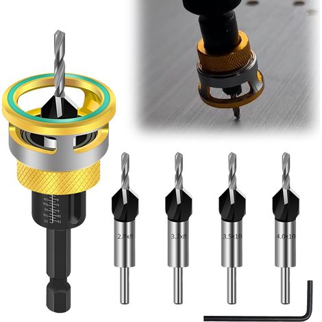 6-tlg Kegelsenker Bohrer Set, Präzise Bohrungen Bohrsenker, Vorbohren & Senken in einem Schritt mit Tiefenanschlag, 1/4" Hex-Schaft, HSS-M2, für präzise Holzbohrungen (1/5)