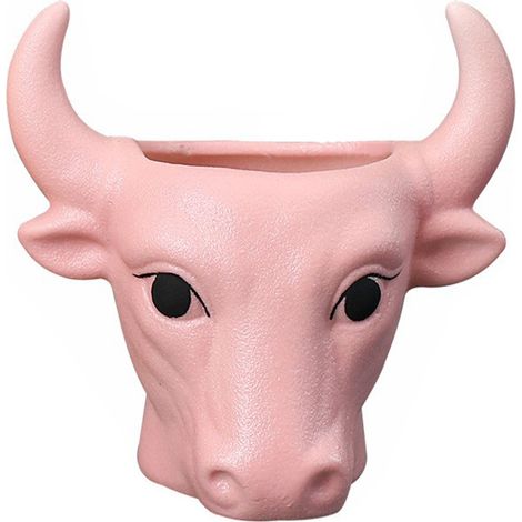 Maceta de cerámica blanca creativa para suculentas con figura decorativa de toro rosa Lu Bao, 1 maceta (1/5)