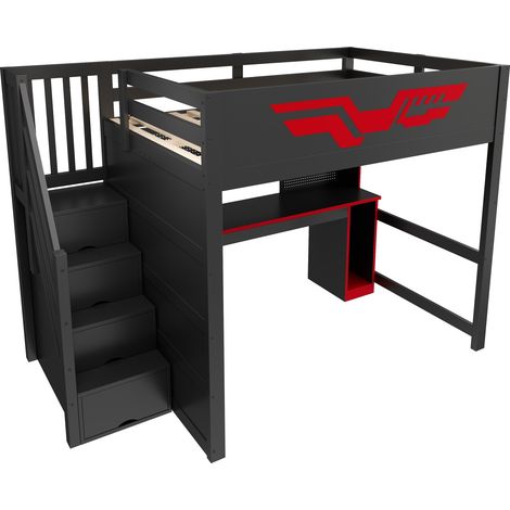 Letto a soppalco gaming 140 x 200 cm con scrivania, scala contenitore, LED e USB, nero (1/5)