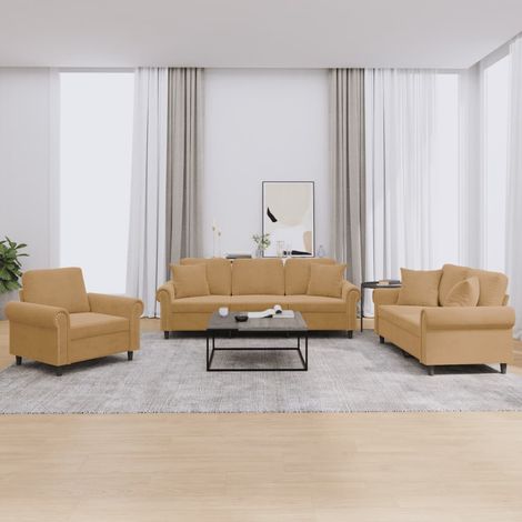 3-tlg. Sofagarnitur mit Kissen Braun Samt vidaXL
