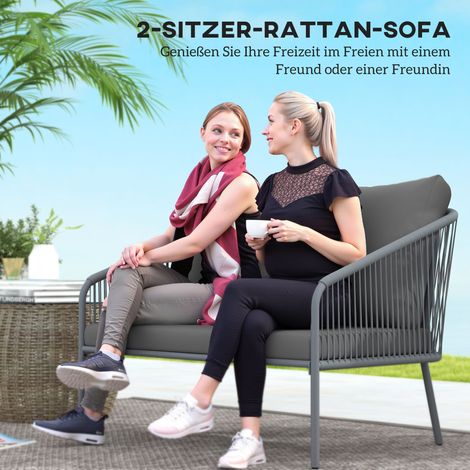 Canapé d'extérieur 2 places en rotin gris avec coussins, 112x72x76 cm, pour balcon ou terrasse, salon lounge de jardin. (1/4)