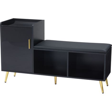 Meuble à chaussures avec banc en PU et rangement 4 niveaux noir brillant avec poignées et pieds dorés (1/5)