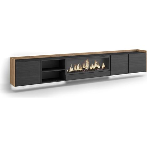 Skraut Home - Mueble TV, Televisión, Muebles de salón, almacenaje, 315x35x50cm, Para TV hasta 80", Chimenea eléctrica XXL, Colgado, Suspendido, LED, Estilo Moderno, Negro y roble (1/5)