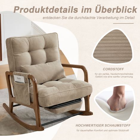 Fauteuil à bascule allaitement en velours côtelé kaki avec repose-pieds, dossier réglable, coussin lombaire et poches latérales (1/5)